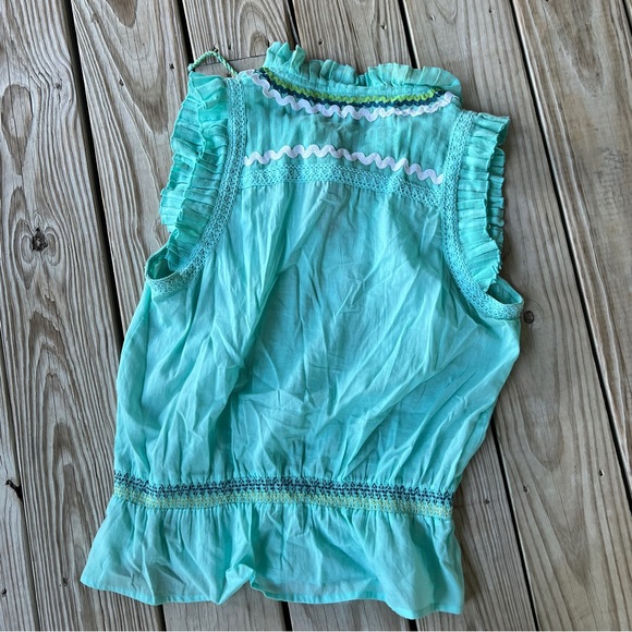 Double D Ranch XL rickrack top turquoise western XL smocked ruffles sleeveless - Picture 2 of 7
